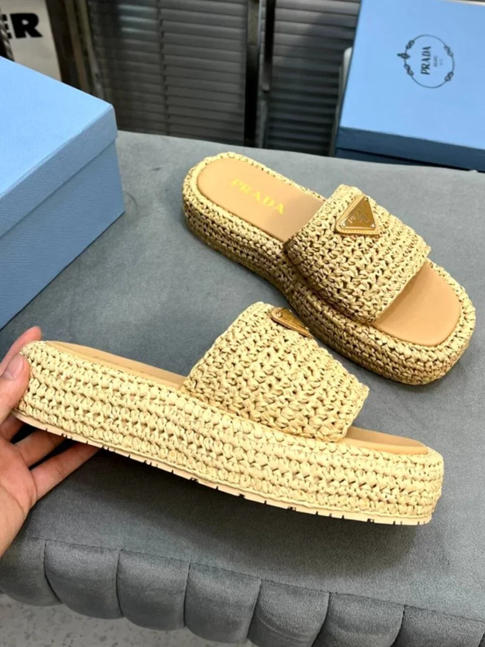 Prada Beige Woven Raffia Slide Sandals